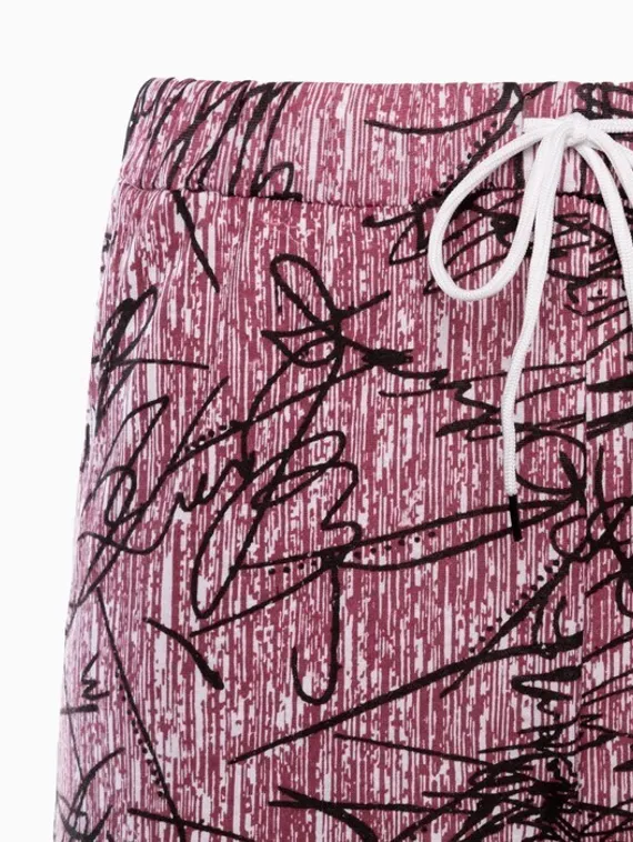 Брюки женские с принтом, цвет розовый с черн рисунком, размер 48