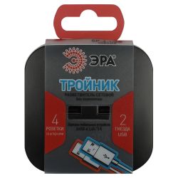 Разветвитель электрический ЭРА SP-4-USB-B на 4 розетки + 2xUSB 2400mA, без заземл 10А (черный) | Тройники
