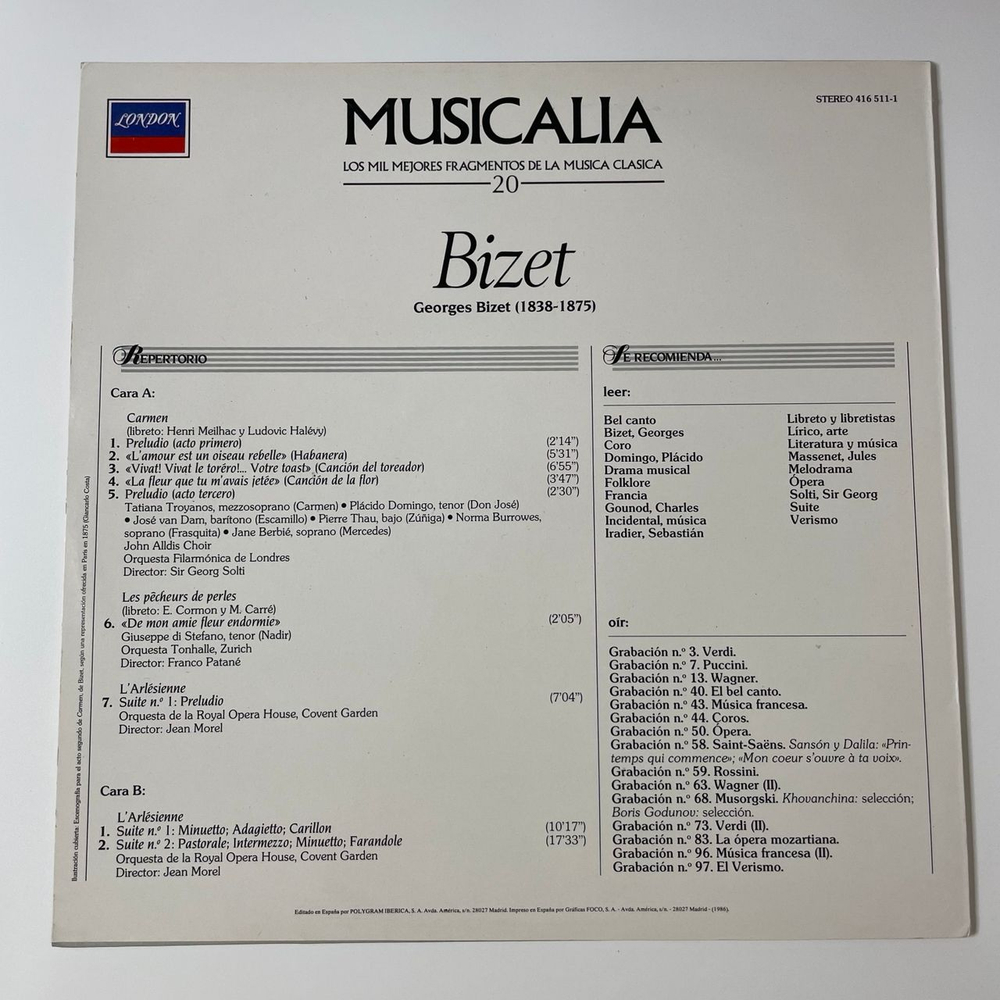 Винтажная виниловая пластинка LP Musicalia 20. Bizet Жорж Бизе (Испания 1986) Кармен, Арлезианка