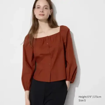 UNIQLO БЛУЗКА ИЗ ХЛОПКА, КОРИЧНЕВЫЙ
