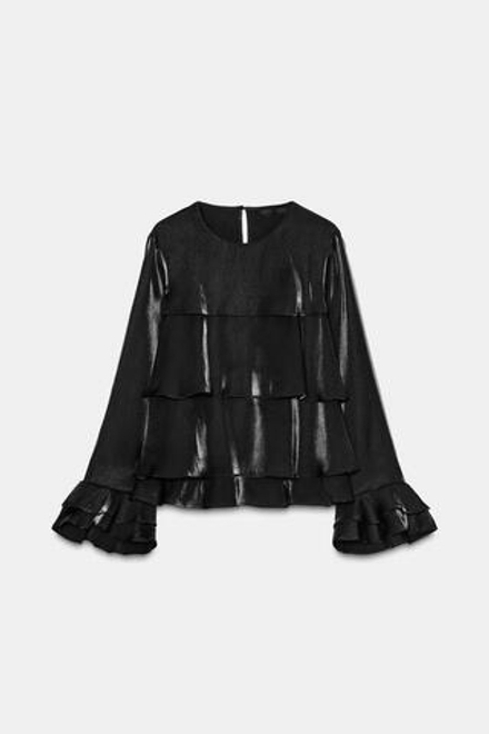 ZARA БЛУЗА ИЗ БЛЕСТЯЩЕЙ ТКАНИ С ВОЛАНАМИ, ЧЕРНЫЙ