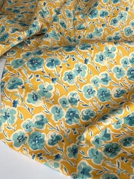 ГОЛУБЫЕ ЦВЕТЫ НА ГОРЧИЧНОМ ФОНЕ - 100% хлопок 2