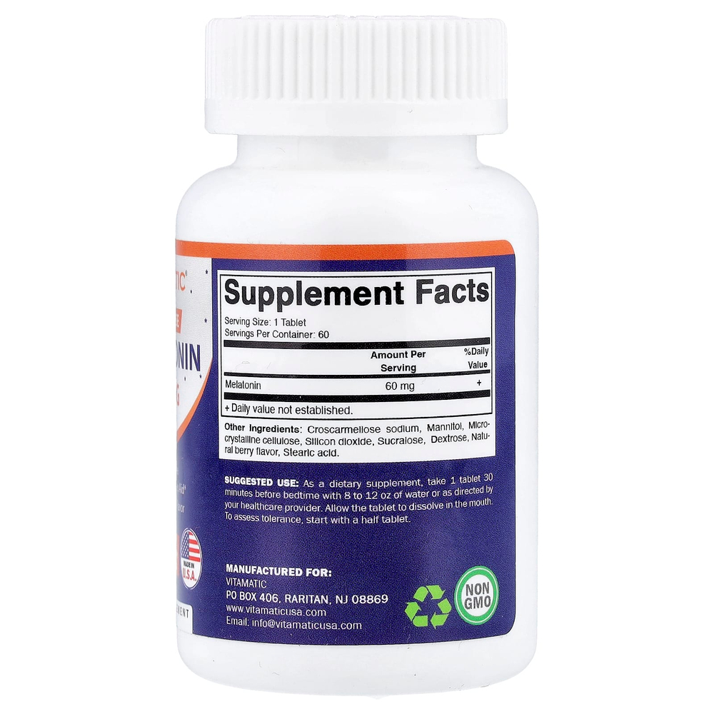 Vitamatic, высокая доза мелатонина, со вкусом натуральных ягод, 60 мг, 60 быстрорастворимых таблеток
