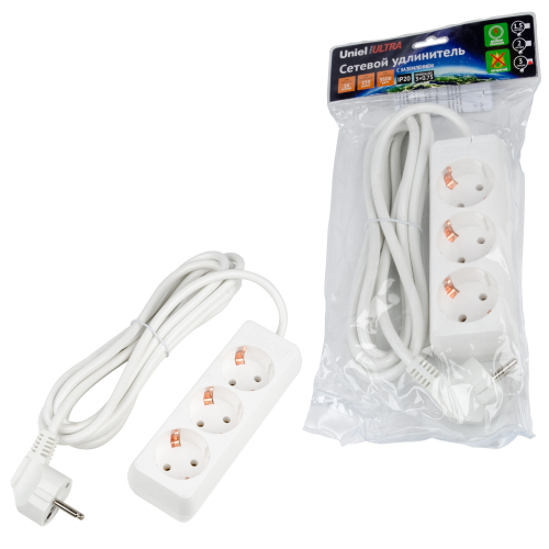 S-GCU3-3 WHITE Удлинитель серии Ultra, шнур 3м., 3 гнезда, 16A, с/з. Белый. TM Uniel