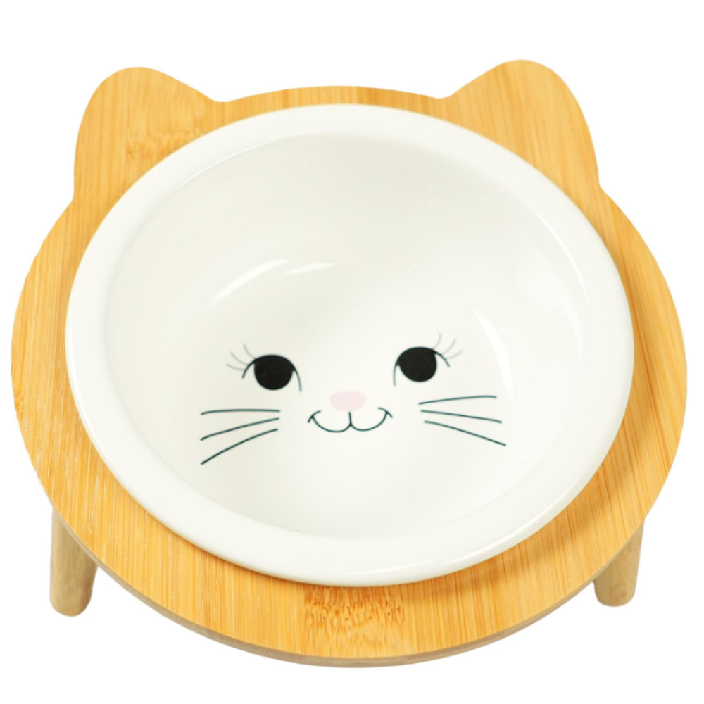 Миска mr.kranch bamboo для кошек керамическая белая на бамбуковой подставке 400 мл (34004)