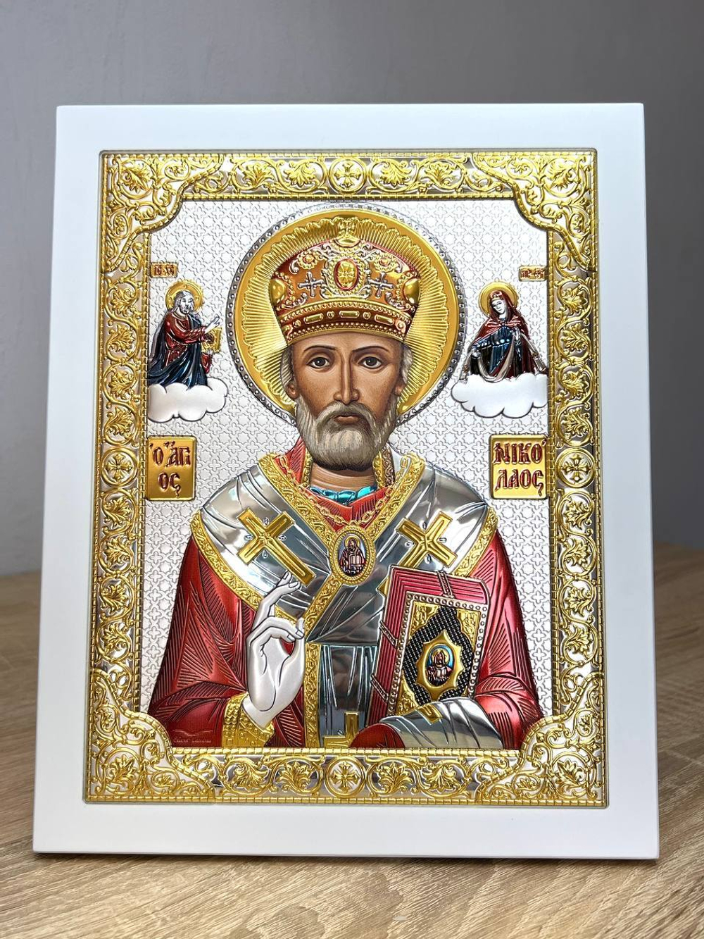 Николай Чудотворец, икона прямоугольная с рамкой, белое дерево, эмаль 185х235