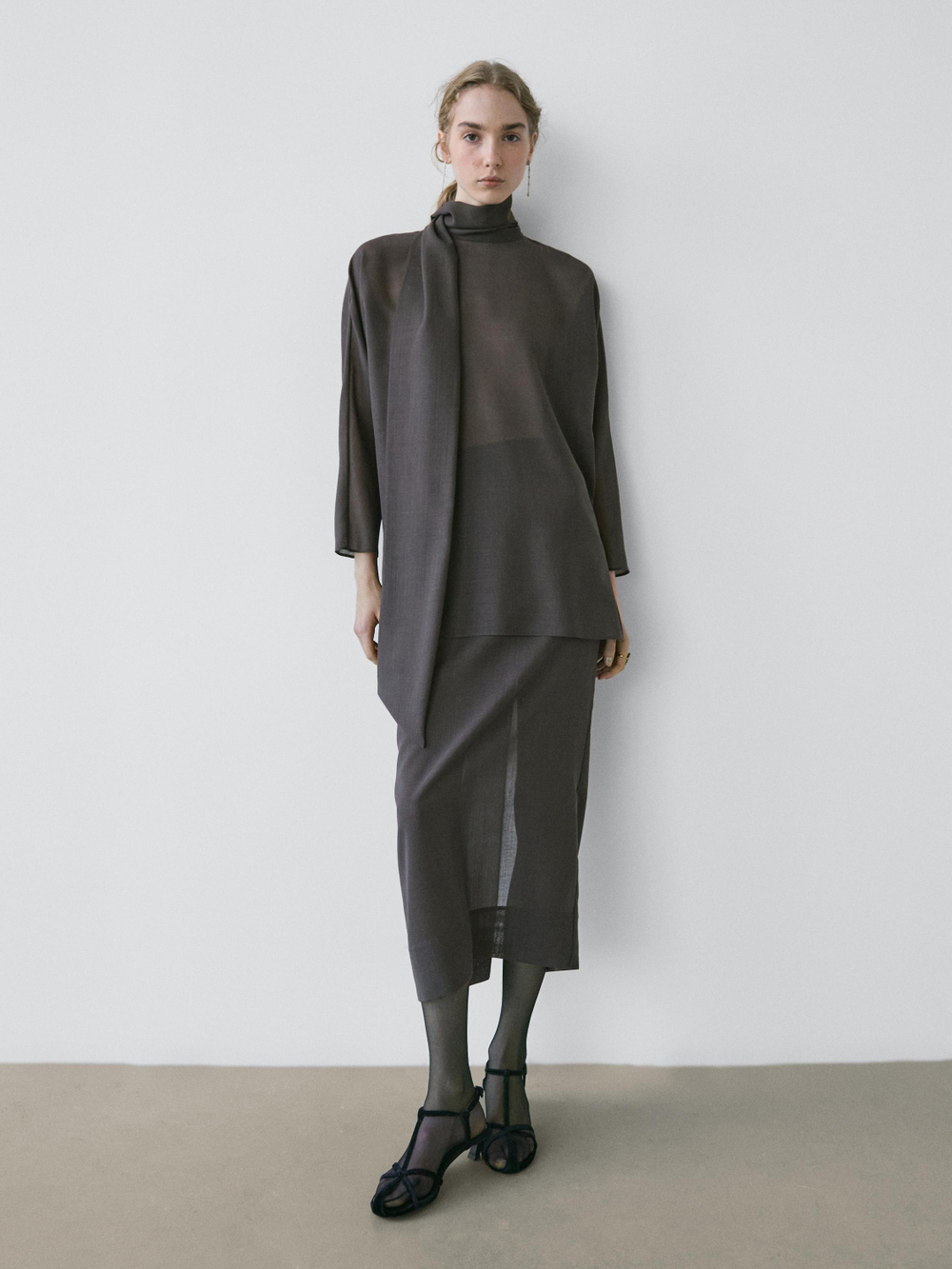 Massimo Dutti Прямая юбка миди с прозрачными вставками - STUDIO, серый