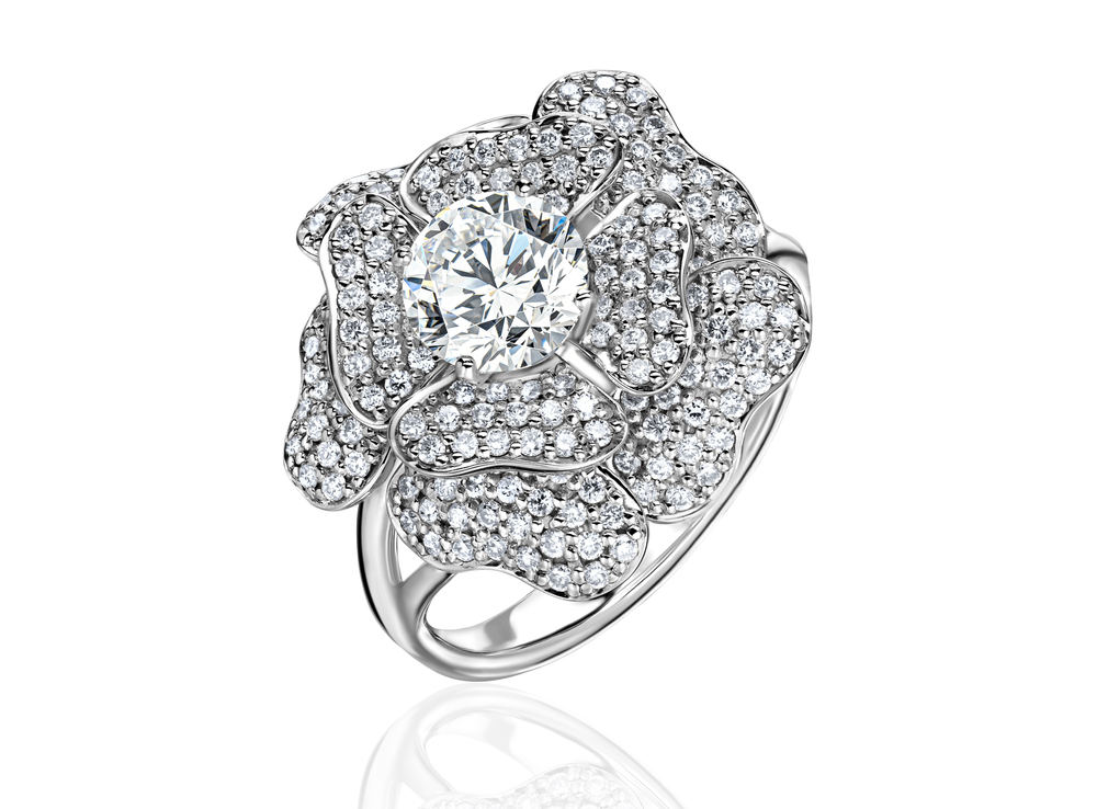 Кольцо "Цветок" с природным бриллиантом 1 ct и обсыпкой