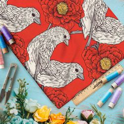 Ткань премиум дюспо белые птицы на красном