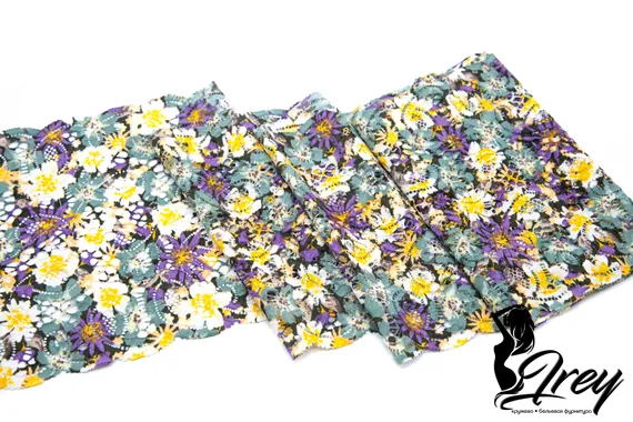 03-197 Кружево эластичное 19 см, ромашки, мята/желтый/сирень