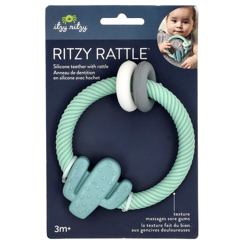 itzy ritzy, Ritzy Rattle®, силиконовый прорезыватель с погремушкой, для детей от 3 месяцев, кактус, 1 прорезыватель для зубов