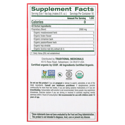 Traditional Medicinals, Organic Cold Care PM, таволга и корица, без кофеина, 16 чайных пакетиков в упаковке, 32 г (1,13 унции)