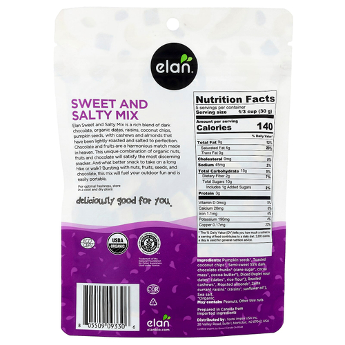 Elan, Органическая сладко-соленая смесь с темным шоколадом, 150 г (5,3 унции)