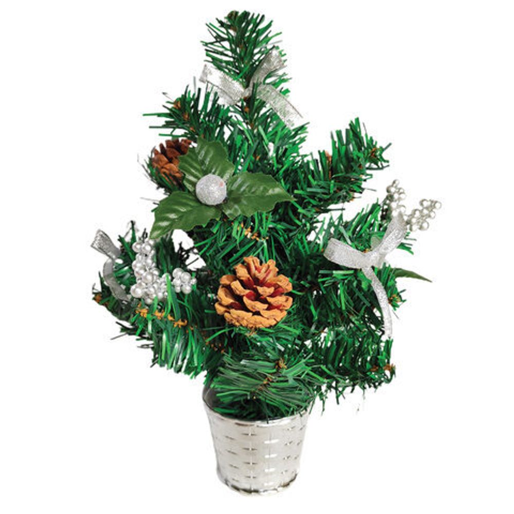 Ель искусственная новогодняя декоративная ЗОЛОТАЯ СКАЗКА 30 см, ПВХ, серебристые украшения/шишки, 591319