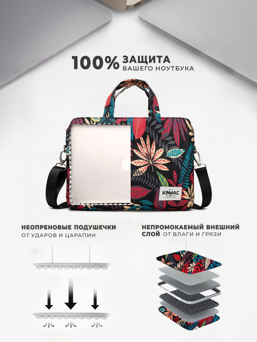 Сумка для ноутбука 15,6" и 17" с ремнем на плечо и 3 отделениями (Джунгли)