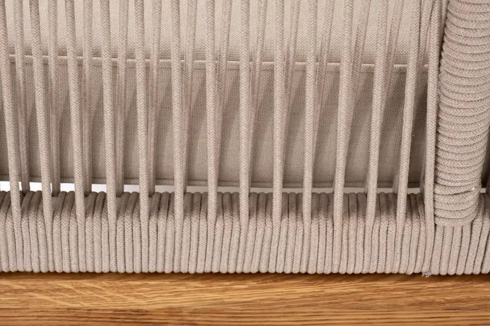 "Канны" левый модуль плетеный из роупа, основание дуб, роуп бежевый круглый, ткань бежевая 052
