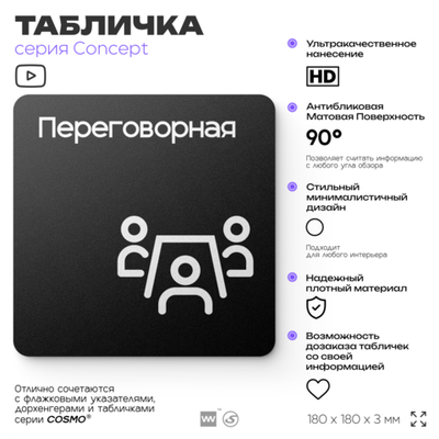 Табличка Переговорная, на дверь и стену, навигационная и информационная, серия CONCEPT, 18х18 см, Айдентика Технолоджи