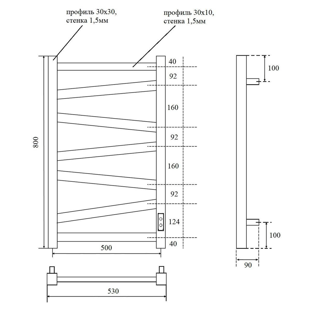 Полотенцесушитель электрический Point Феникс PN15858B П7 500x800, диммер справа, черный схема