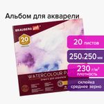 Альбом для акварели, бумага 230 г/м2, 250х250 мм, среднее зерно, 20 листов, склейка, BRAUBERG ART "PREMIERE", 113216
