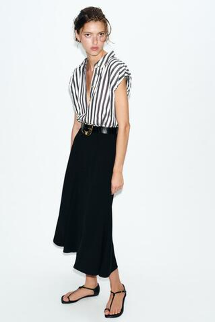 ZARA КОМБИНИРОВАННОЕ ПЛАТЬЕ МИДИ В ПОЛОСКУ С РЕМНЕМ, ЭКРЮ/ЧЕРНЫЙ