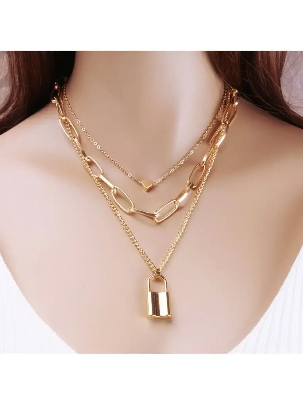 Многослойная золотистая цепочка с подвесками Ключ и Замочек
