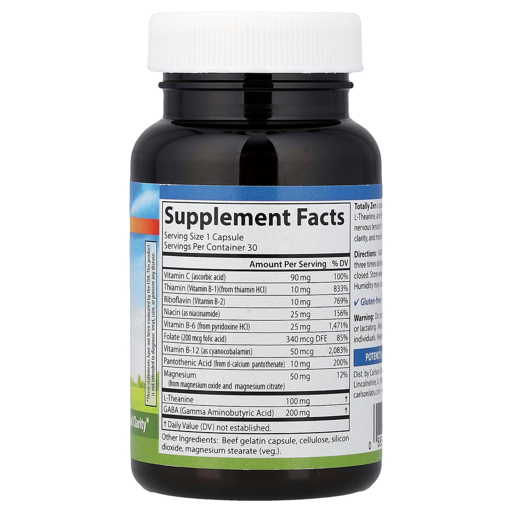 Carlson, Totally Zen с ГАМК, L-теанином и витаминами группы B, 30 капсул