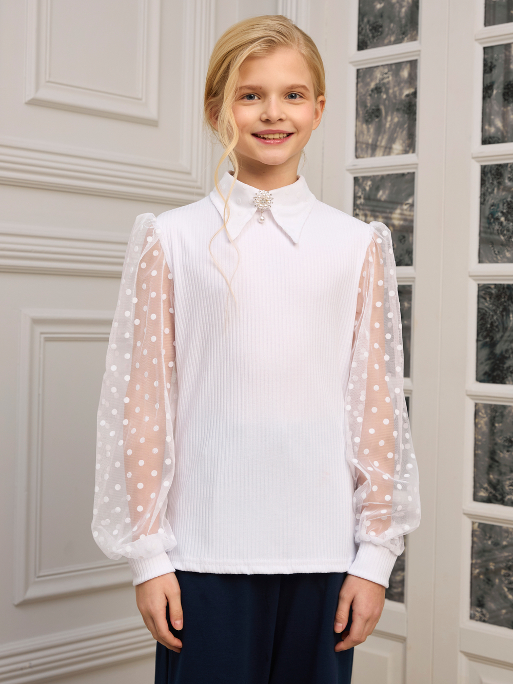 Блузка школьная для девочки с длинным рукавом белая