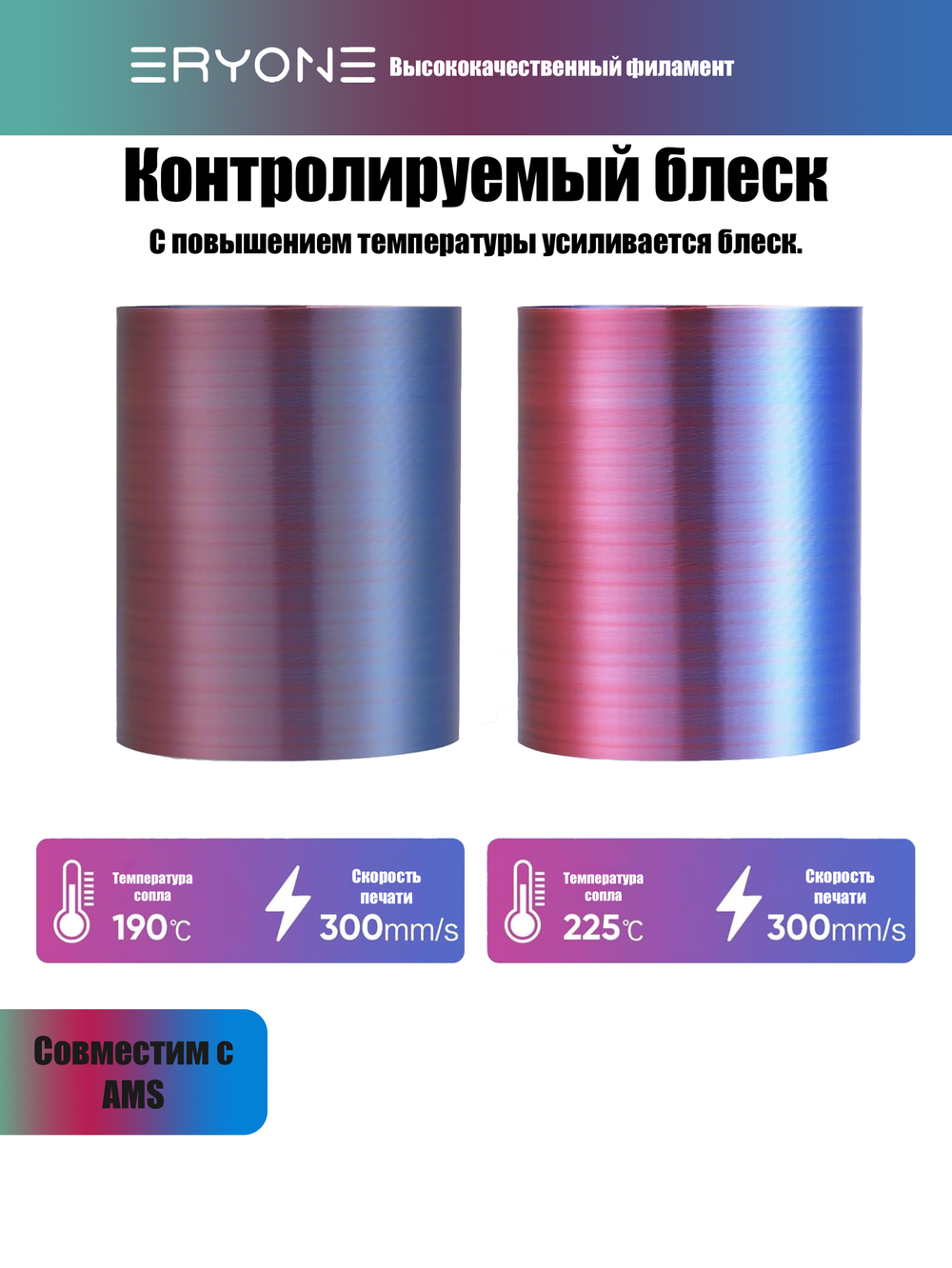 Пластик Eryone HS Quadruple Color Silk PLA Aurora Dream Teal Green & Violet & Electric Pink & Indigo