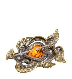 AM-2029 Брошь «Голуби с сердцем» (латунь, янтарь)