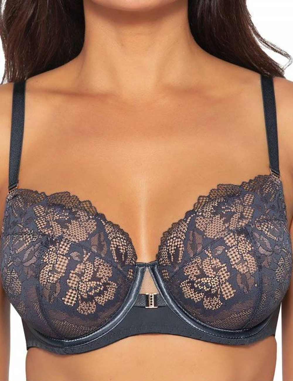 Стильный бюстгальтер на косточках plus size с кружевом (Размер: 95H) (Цвет: темно-синий)