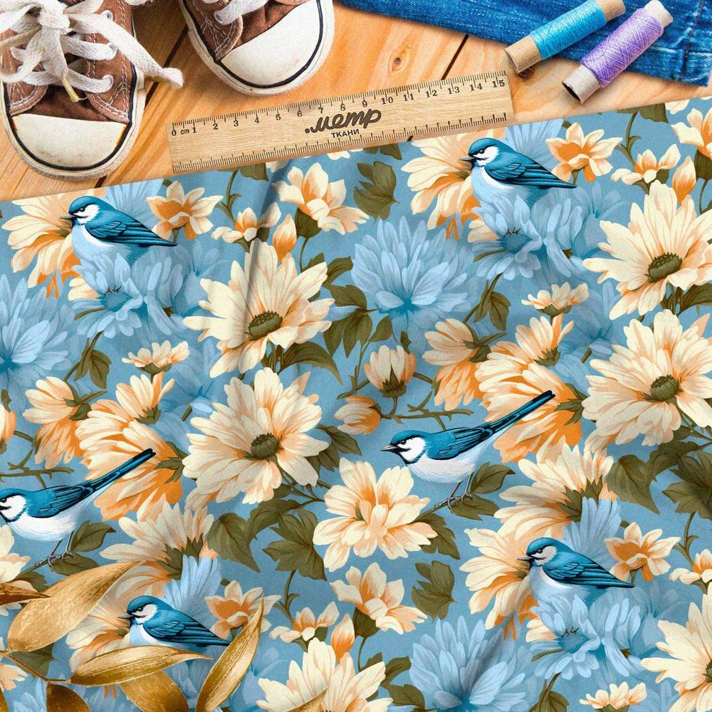 Ткань премиум дюспо птицы в цветах
