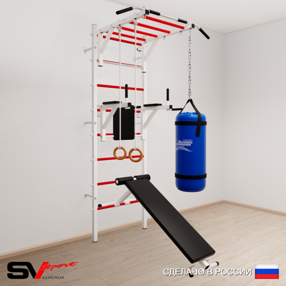 Шведская стенка Sv Sport усиленная 6511 (Турник рукоход/Брусья/Скамья/Кольца/Цепь/Мешок 15кг)