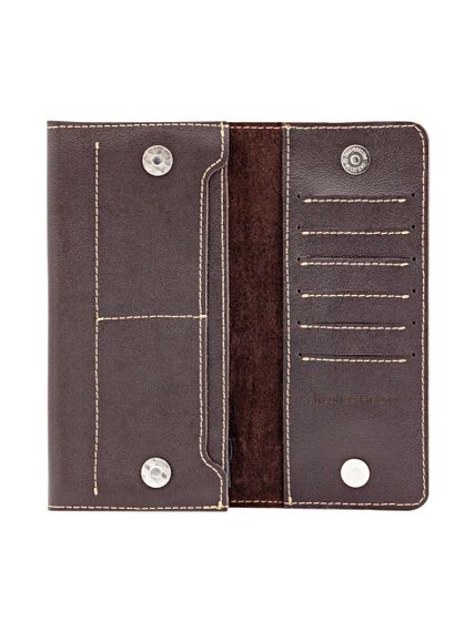Фото функционального кошелька Классический из темно-коричневой кожи, развернутый вид без наполнения.