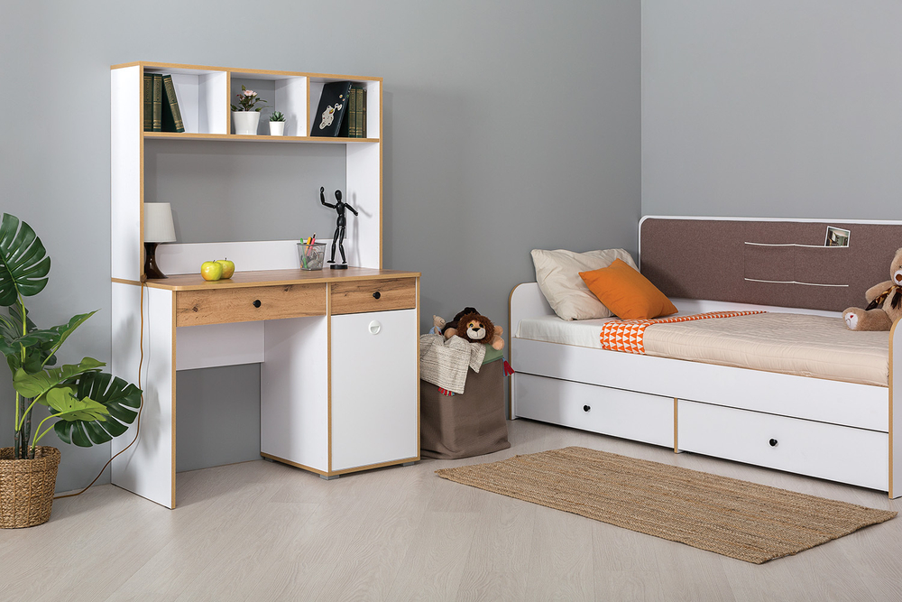 Стол письменный Вуди 12.42, Белый премиум, Дуб Золотой