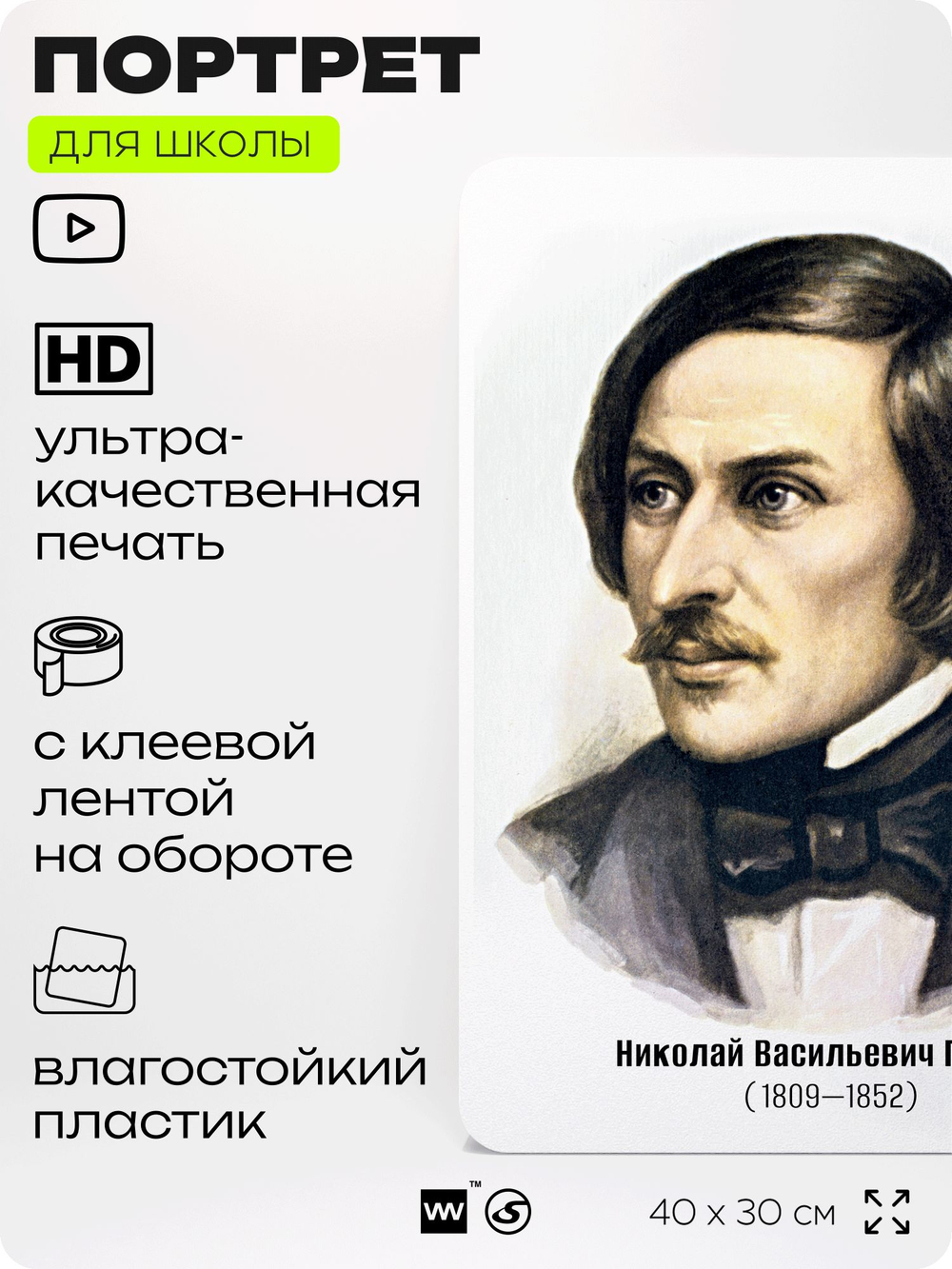 Портрет для школы в кабинет литературы и русского языка "Гоголь Николай Васильевич", стенд школьный для класса, для оформления классного уголка, 40х30 см, Silver Plane x Айдентика Технолоджи