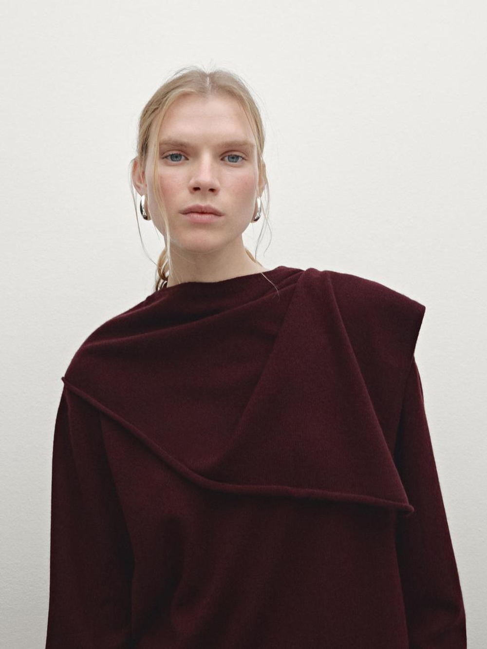 Massimo Dutti Свитер из 100% шерсти с шарфом, гранатовый