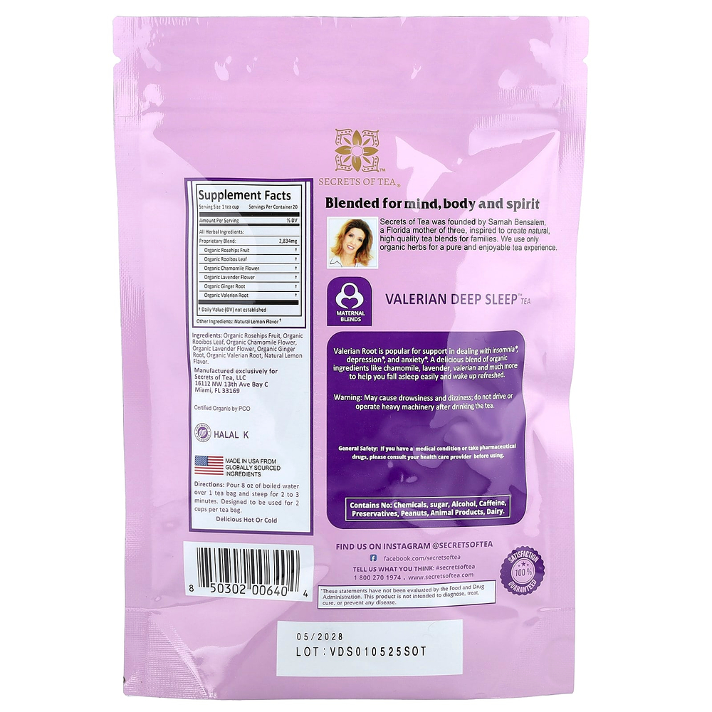 Secrets of Tea, органический чай валериана Deep Sleep™, без кофеина, 20 чайных пакетиков, 40 г (1,4 унции)