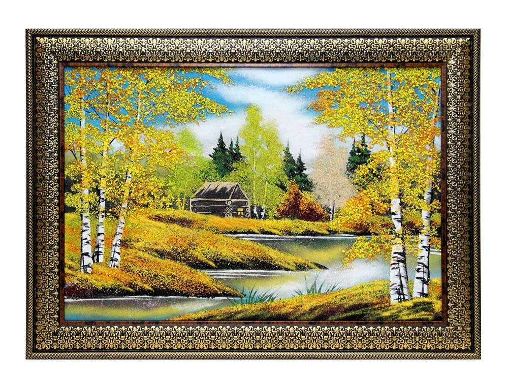 Картина№6 " Осень " рисованная уральскими минералами в пластиковом багете 37-47-1.5см