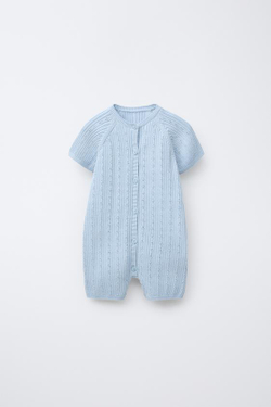 ZARA КОРОТКИЙ ВЯЗАНЫЙ КОМБИНЕЗОН С АЖУРНОЙ ОТДЕЛКОЙ, ГОЛУБОЙ