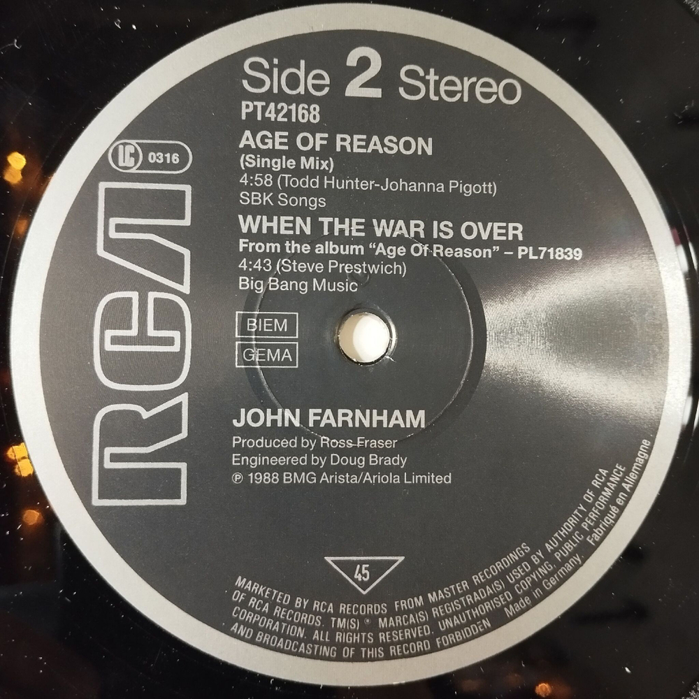 Винтажная виниловая пластинка LP John Farnham Age Of Reason (Germany 1988) Maxi Single 45 RMP