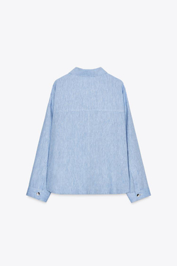 ZARA ЛЬНЯНАЯ КУРТКА-РУБАШКА, ГОЛУБОЙ