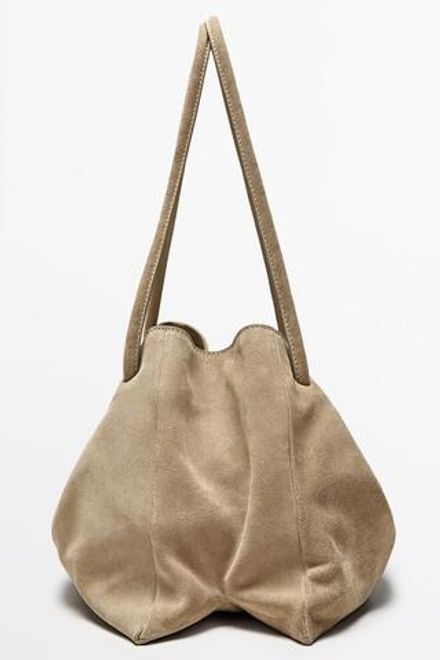 Massimo Dutti Кожаная сумка из замши со сборками, экрю