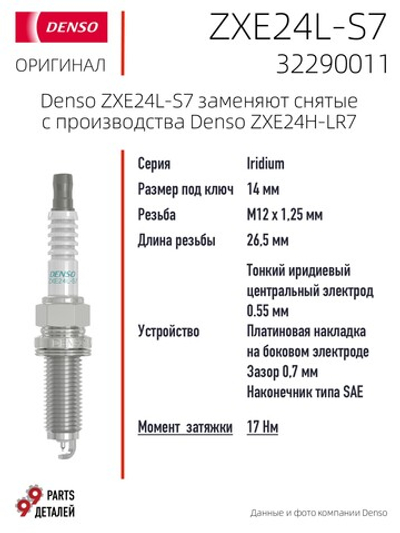 Denso ZXE24L-S7 3538 (ZXE24H-LR7) 3538 Иридиевые свечи зажигания (OE упаковка Volvo 32290011), 4 шт.