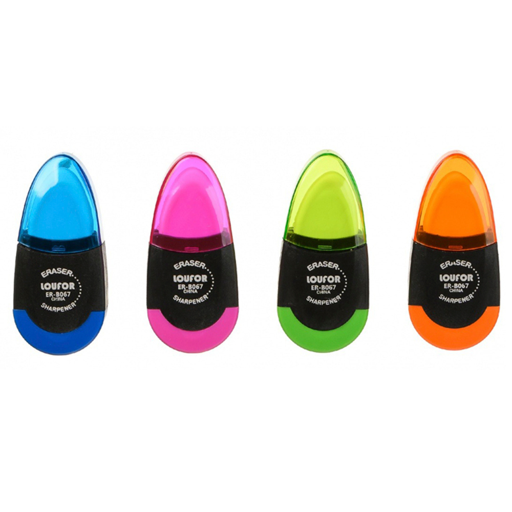 Точилка с ластиком LouFor, одинарная, с контейнером, серия "2в1", 4 цвета корпуса, с крышкой, 7 см