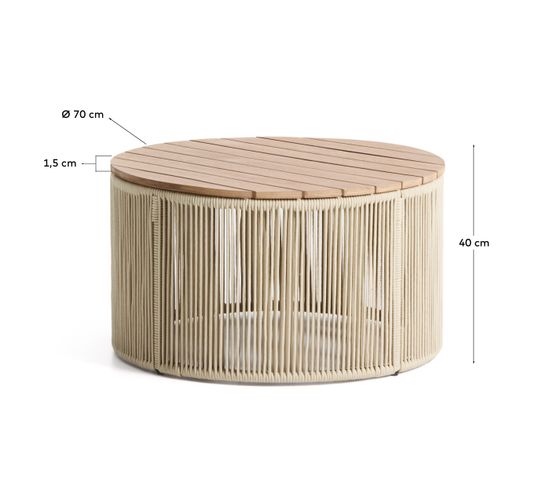 Уличчный столик Dandara из стали, веревки цвета экрю и массива акации Ø70 см