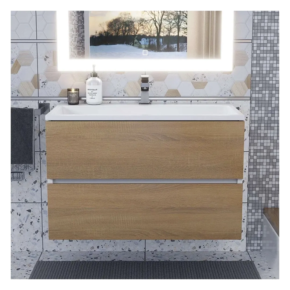 Тумба с раковиной Uperwood Barsa 80 см, раковина белая, подвесная тумба белая/дуб сонома