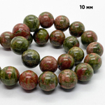 Унакит бусины, диаметр 10,1-10,2 мм, цена за 9 шт (1/4 нити)