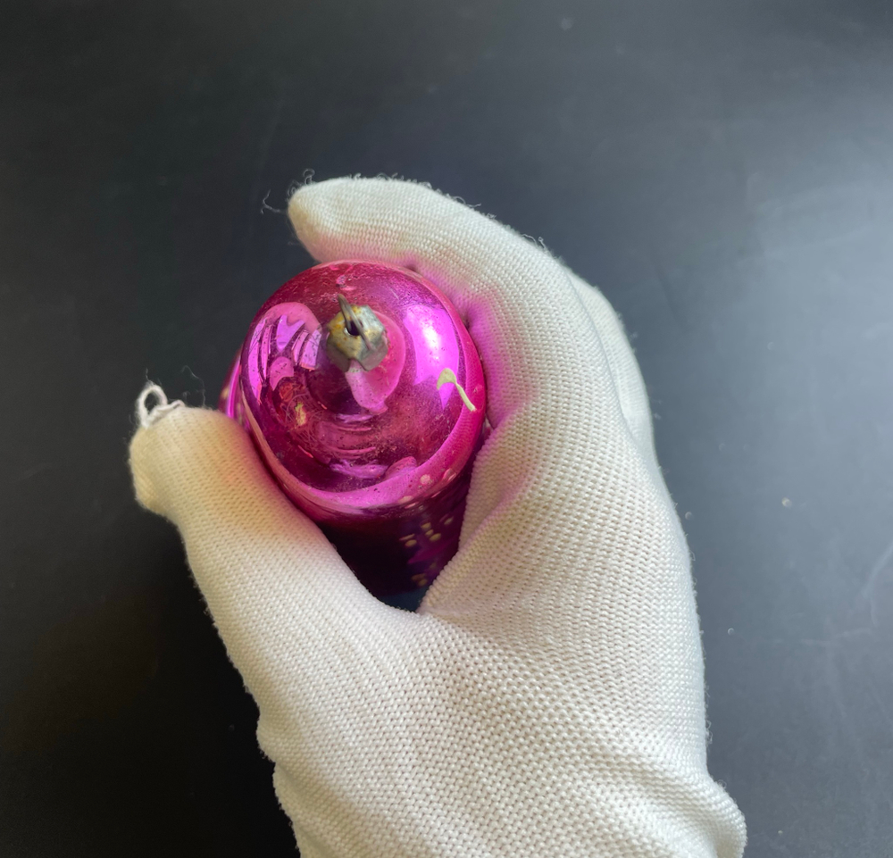 Ёлочная игрушка Колокол, 9.5 см, колокольчик с язычком, фосфор, стекло, роспись, звенит, винтаж СССР 1960-1980 гг