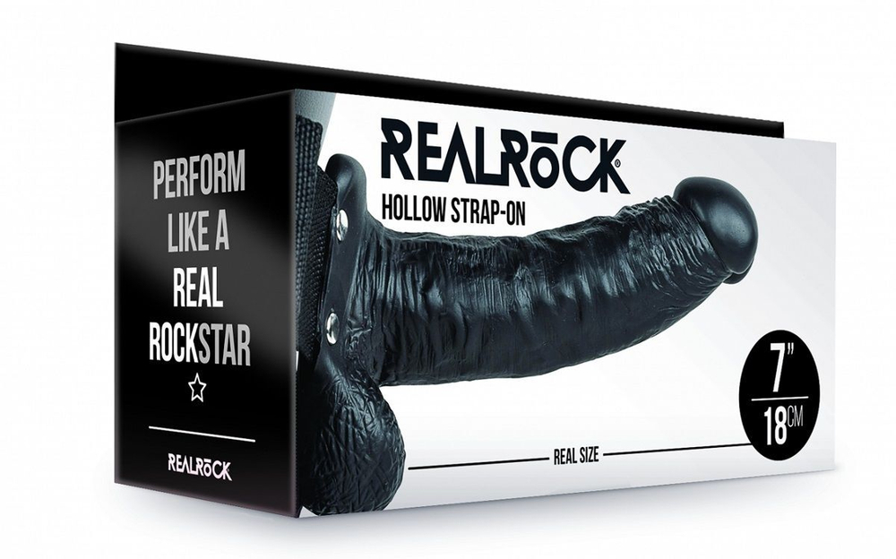 Черный реалистичный страпон-фаллопротез с мошонкой - 18 см.