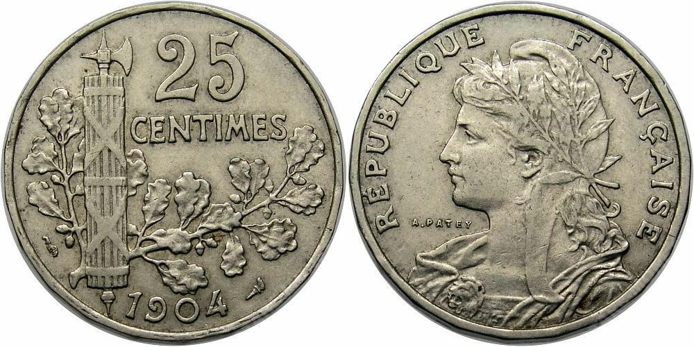 Франция 25 сантимов, 1904 - 1905 Марианна XF